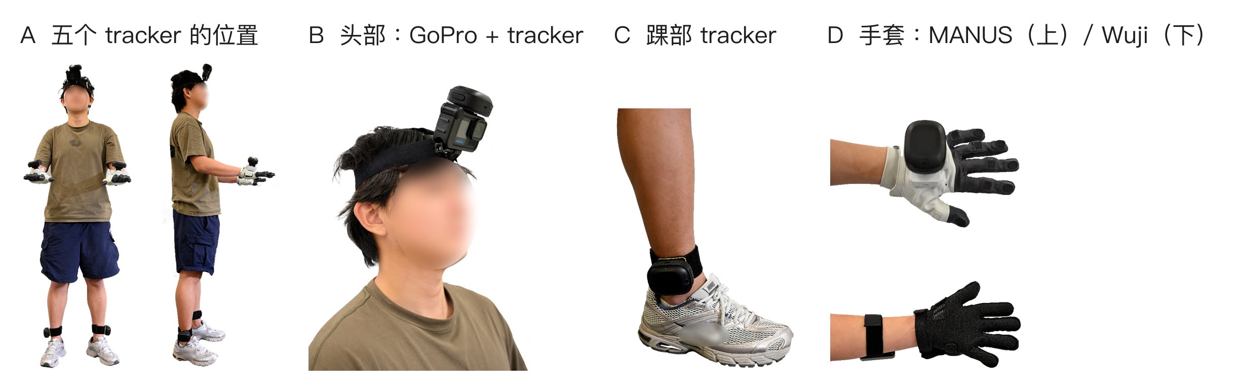 五个 tracker、头部相机与两种手套