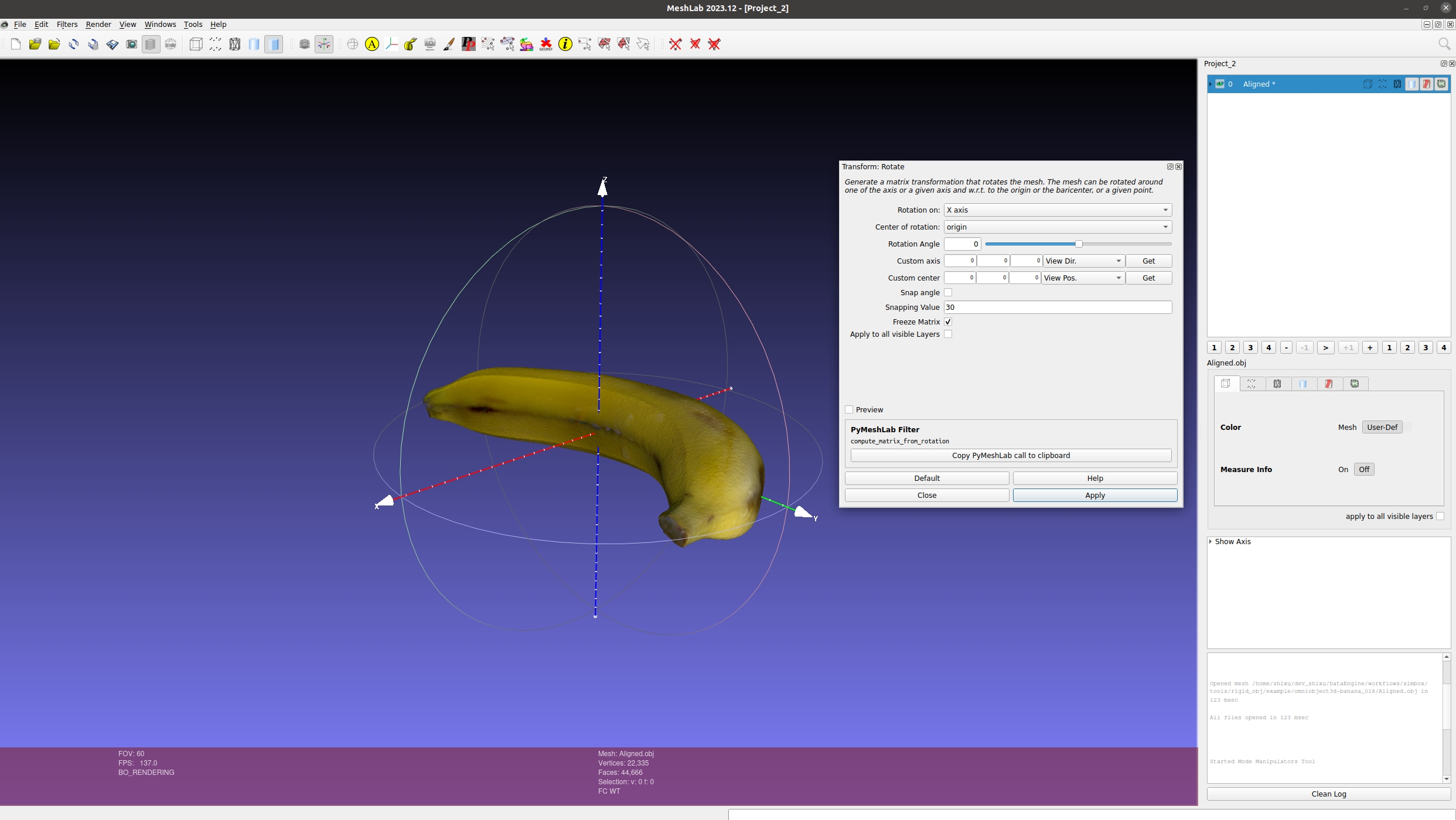 Set Rotation in MeshLab