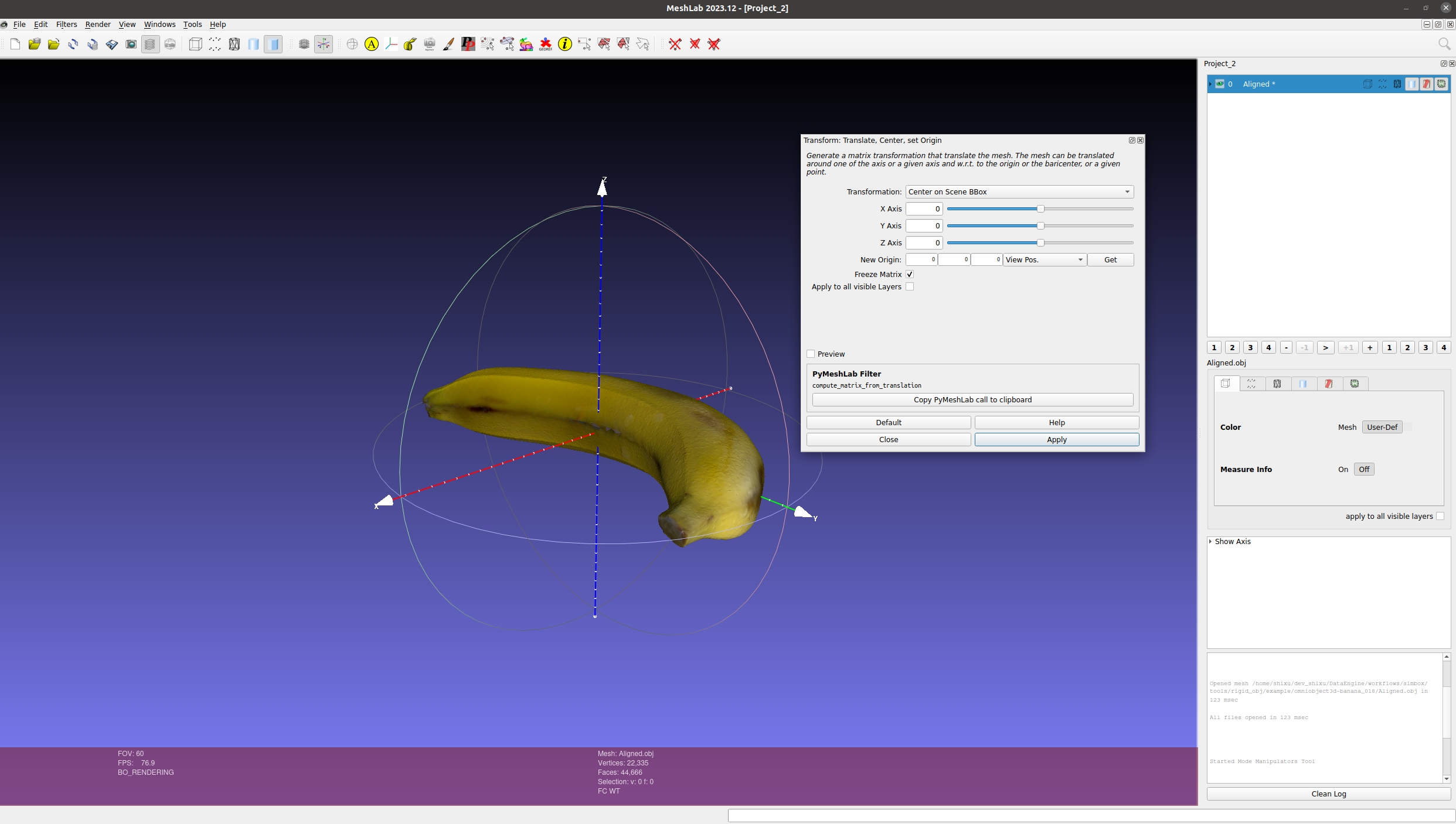 Set Origin in MeshLab
