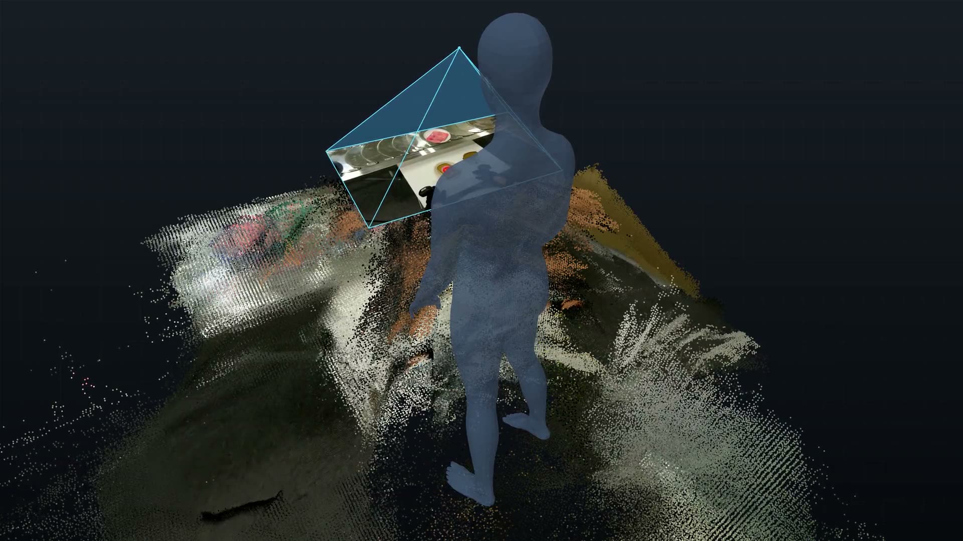 Reconstructed human body replayed in an EgoExplorer capture room beside the corresponding egocentric camera view