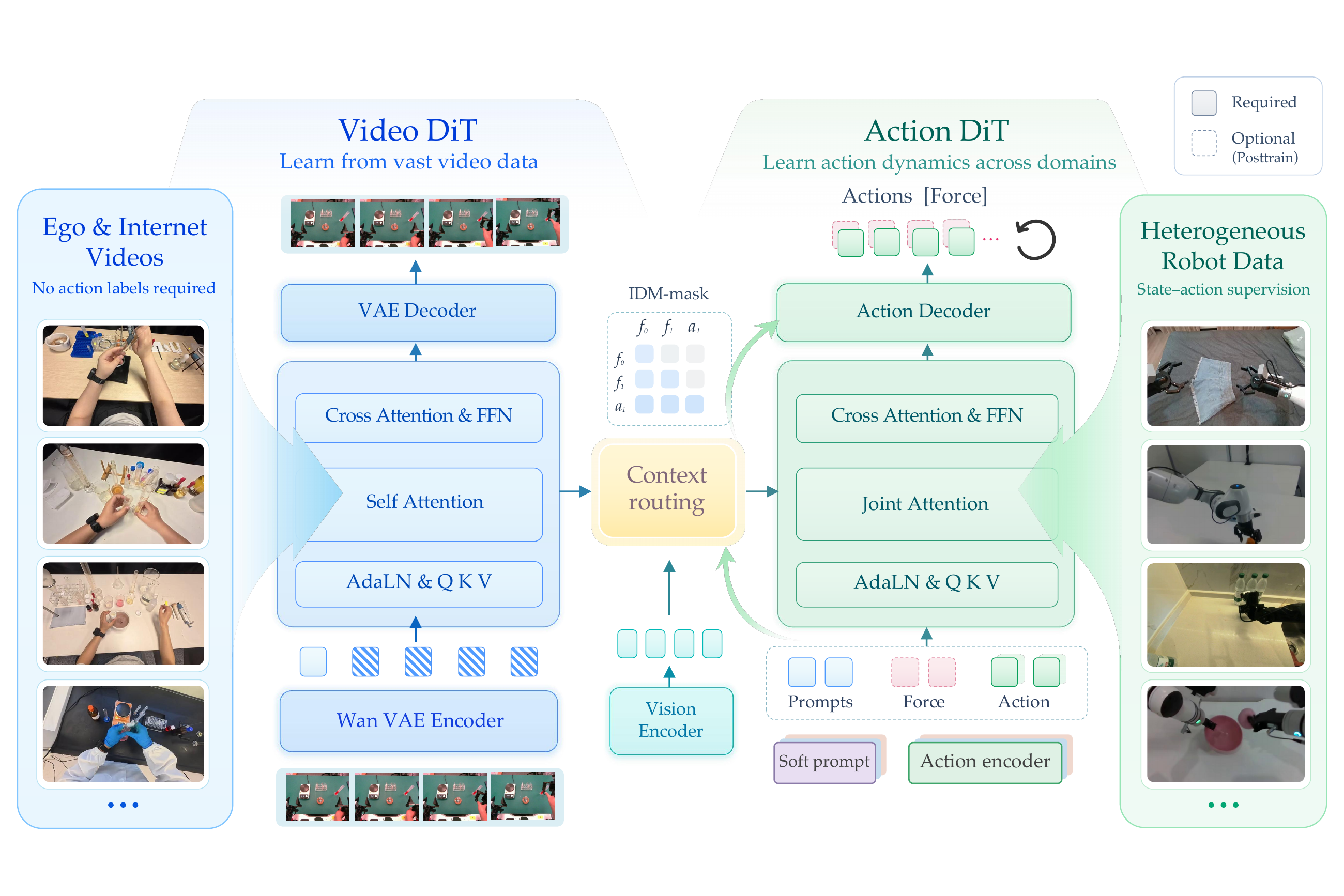 InternW0 video and action experts coupled through observation-conditioned context routing